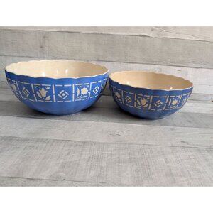 Vintage Villeroy Boch Blue & Cream Scalloped Ceramic Mixing Bowls Set Of 2